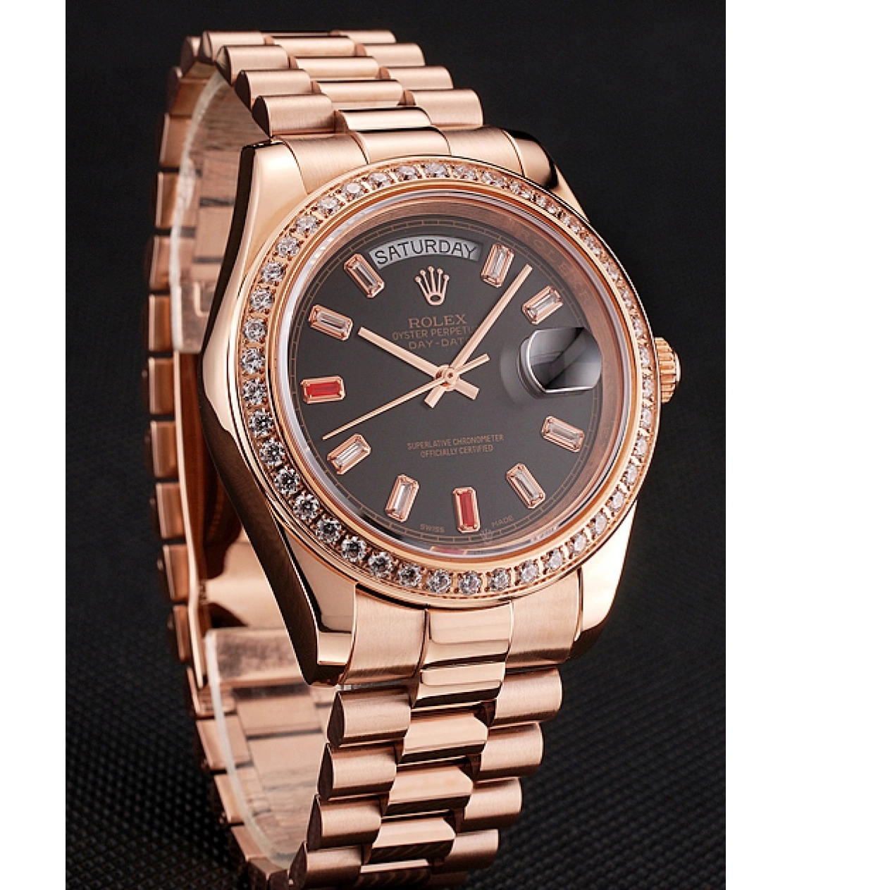 Best AAA Replica Sites Rolex Dial Rose Diamonds Bracelet Gold Day-Date Rubies Black And 1454102 Swiss 0805
